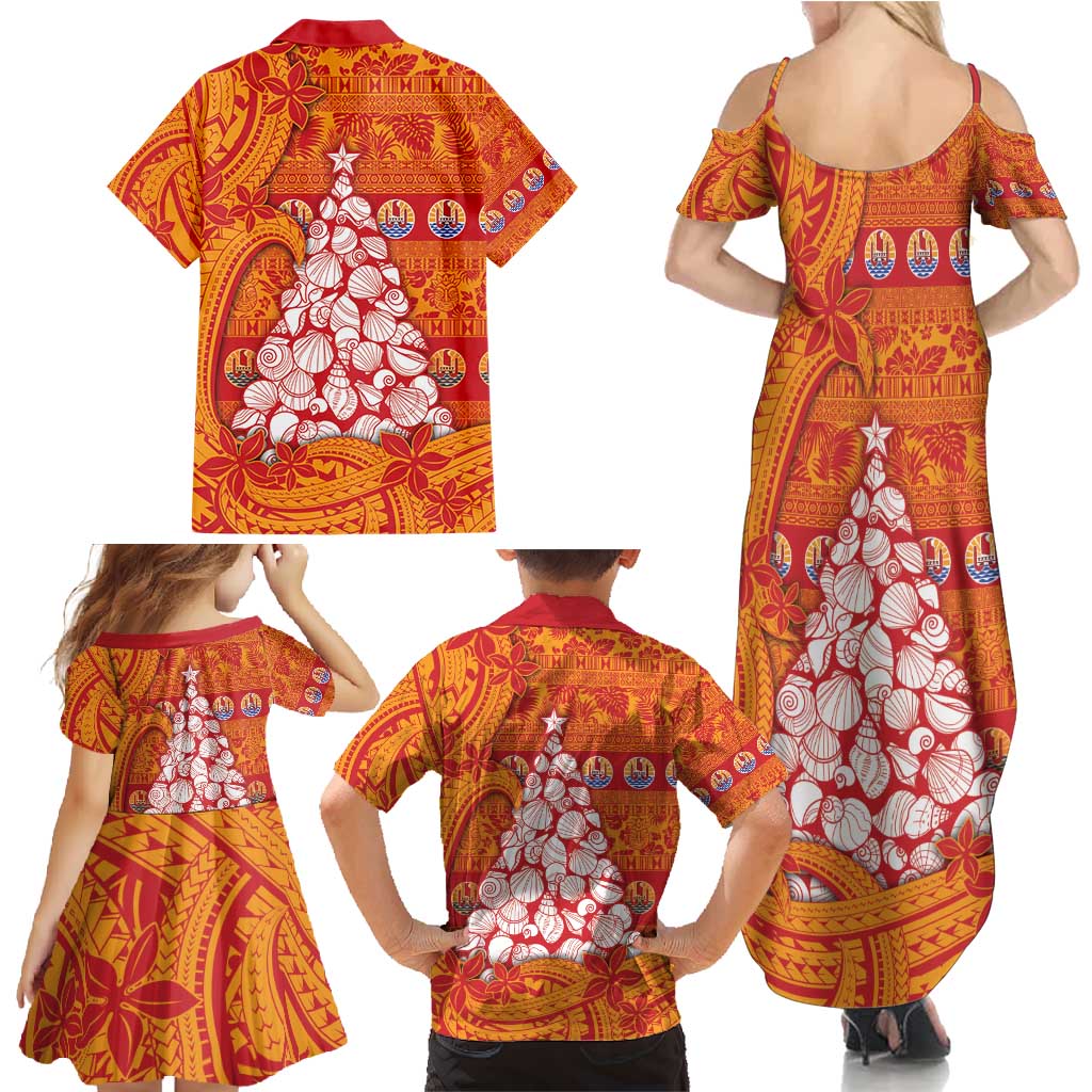 French Polynesia Christmas Family Matching Summer Maxi Dress and Hawaiian Shirt Seashell Xmas Tree Tribal Waves - Polynesian Pride