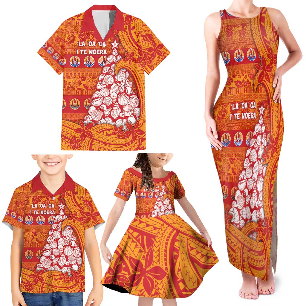 French Polynesia Christmas Family Matching Tank Maxi Dress and Hawaiian Shirt Seashell Xmas Tree Tribal Waves - Polynesian Pride