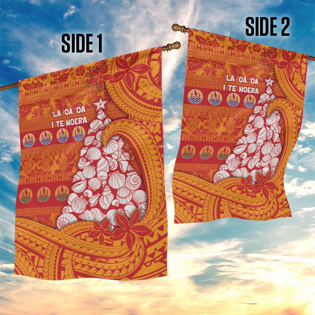 French Polynesia Christmas Garden Flag Seashell Xmas Tree Tribal Waves - Polynesian Pride