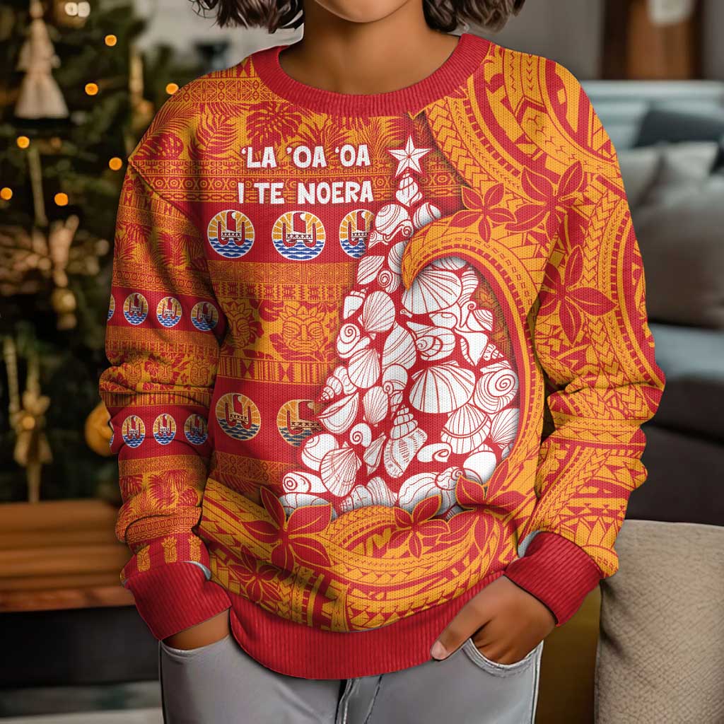 French Polynesia Christmas Kid Ugly Christmas Sweater Seashell Xmas Tree Tribal Waves - Polynesian Pride