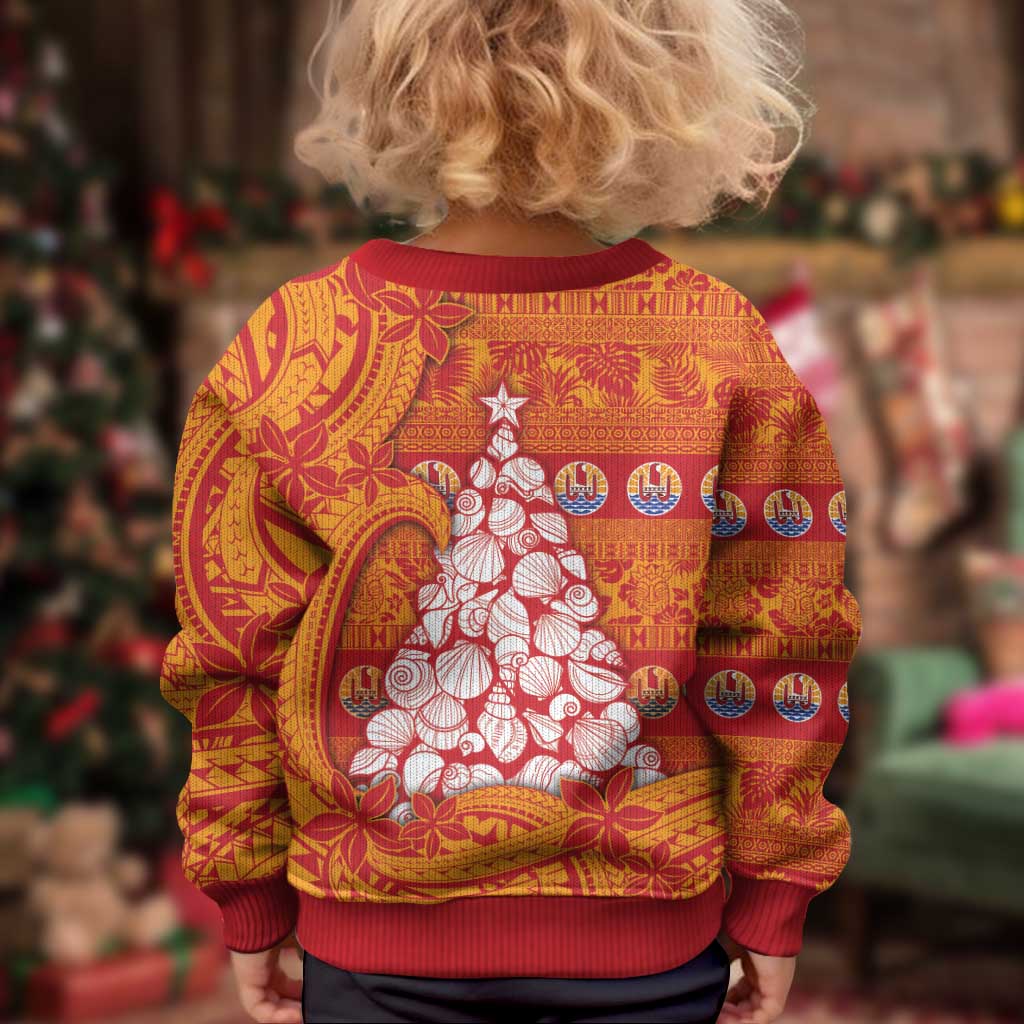 French Polynesia Christmas Kid Ugly Christmas Sweater Seashell Xmas Tree Tribal Waves - Polynesian Pride