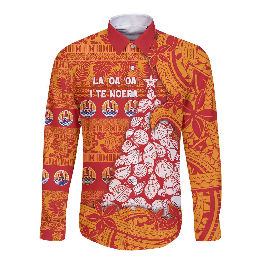 French Polynesia Christmas Long Sleeve Button Shirt Seashell Xmas Tree Tribal Waves DT05 Unisex Orange - Polynesian Pride