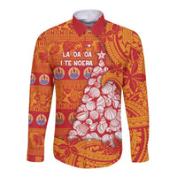 French Polynesia Christmas Long Sleeve Button Shirt Seashell Xmas Tree Tribal Waves DT05 Unisex Orange - Polynesian Pride