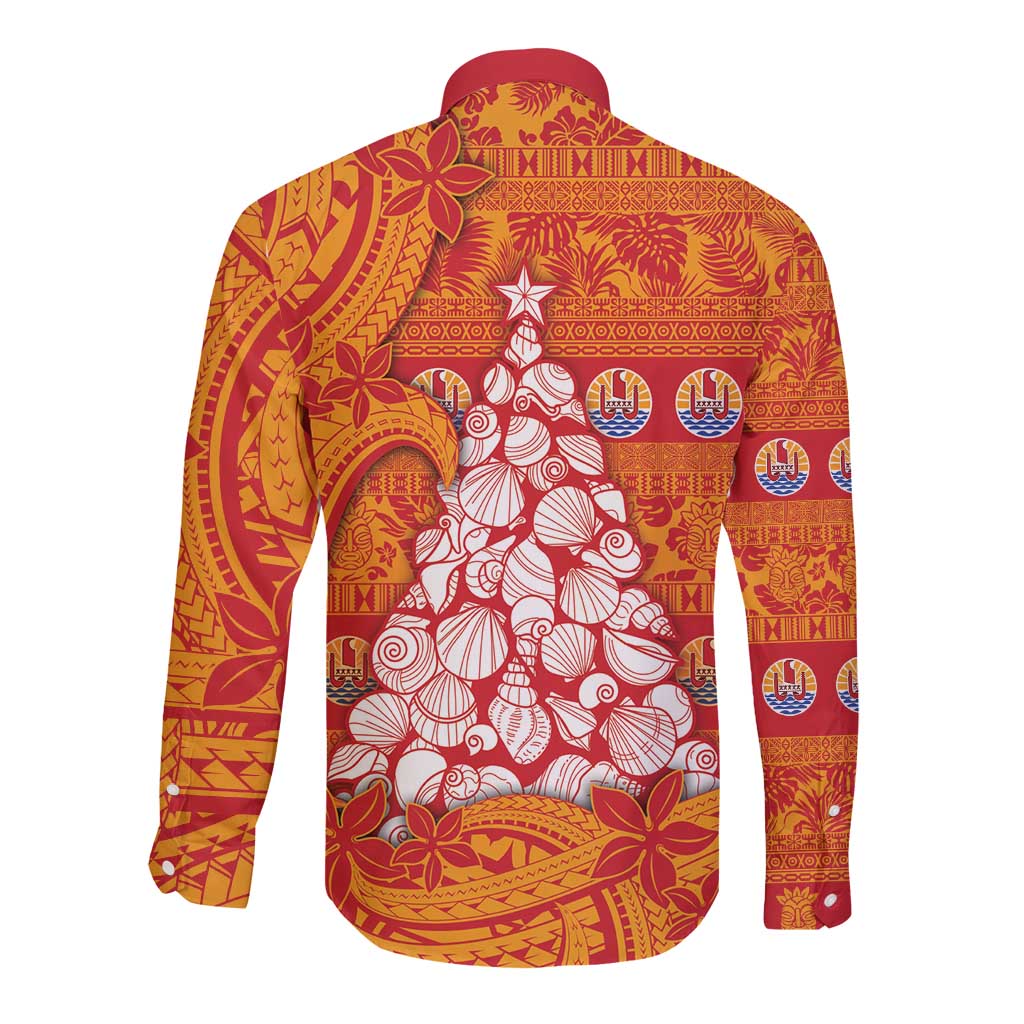French Polynesia Christmas Long Sleeve Button Shirt Seashell Xmas Tree Tribal Waves DT05 - Polynesian Pride