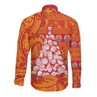 French Polynesia Christmas Long Sleeve Button Shirt Seashell Xmas Tree Tribal Waves DT05 - Polynesian Pride