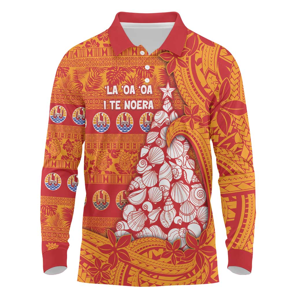 French Polynesia Christmas Long Sleeve Polo Shirt Seashell Xmas Tree Tribal Waves DT05 Orange - Polynesian Pride