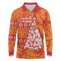 French Polynesia Christmas Long Sleeve Polo Shirt Seashell Xmas Tree Tribal Waves DT05 Orange - Polynesian Pride