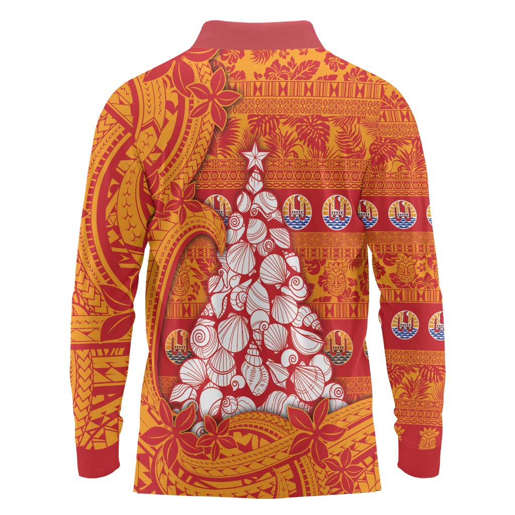 French Polynesia Christmas Long Sleeve Polo Shirt Seashell Xmas Tree Tribal Waves DT05 - Polynesian Pride