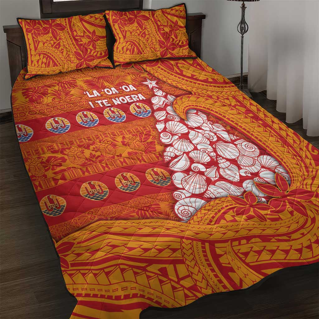 French Polynesia Christmas Quilt Bed Set Seashell Xmas Tree Tribal Waves - Polynesian Pride