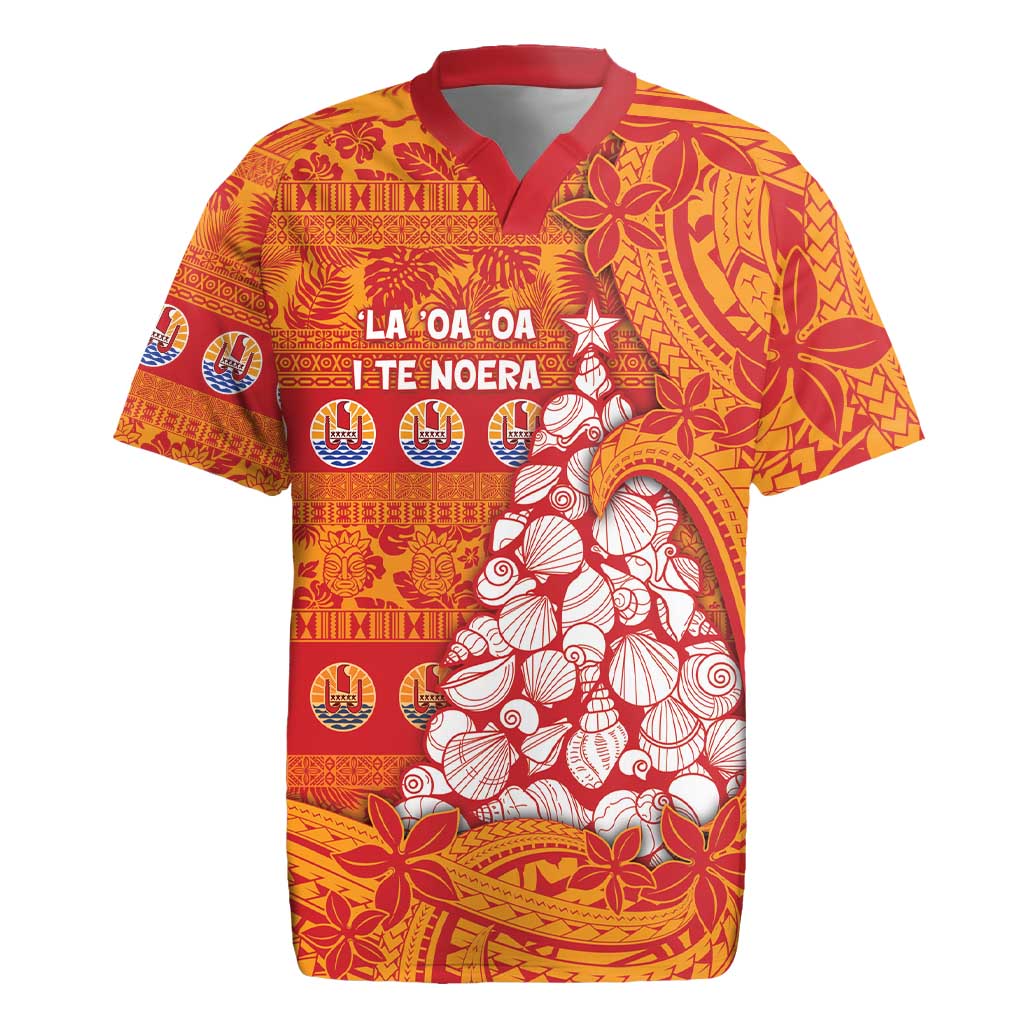 French Polynesia Christmas Rugby Jersey Seashell Xmas Tree Tribal Waves - Polynesian Pride