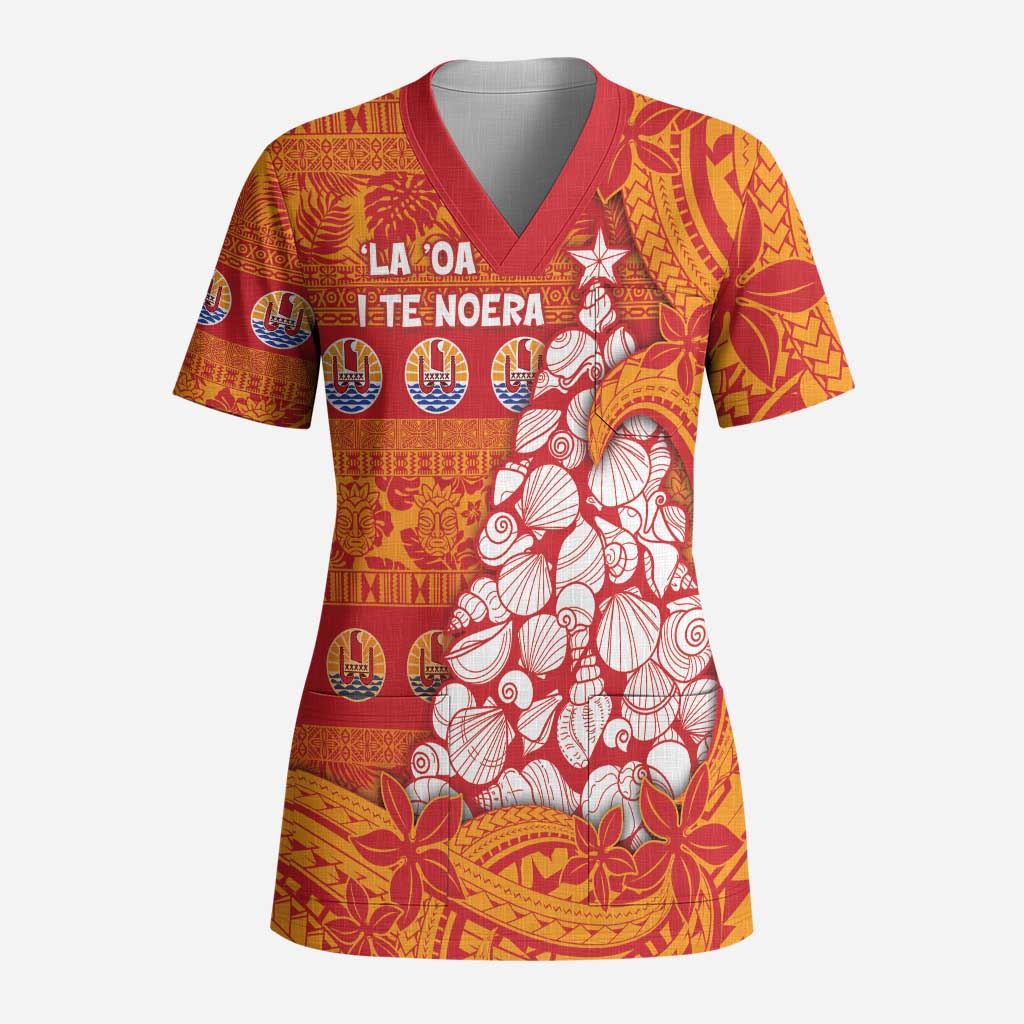 French Polynesia Christmas Scrub Top Seashell Xmas Tree Tribal Waves DT05 Adult Orange - Polynesian Pride