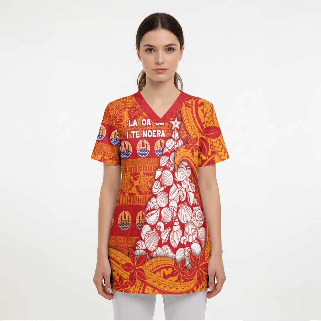 French Polynesia Christmas Scrub Top Seashell Xmas Tree Tribal Waves DT05 - Polynesian Pride