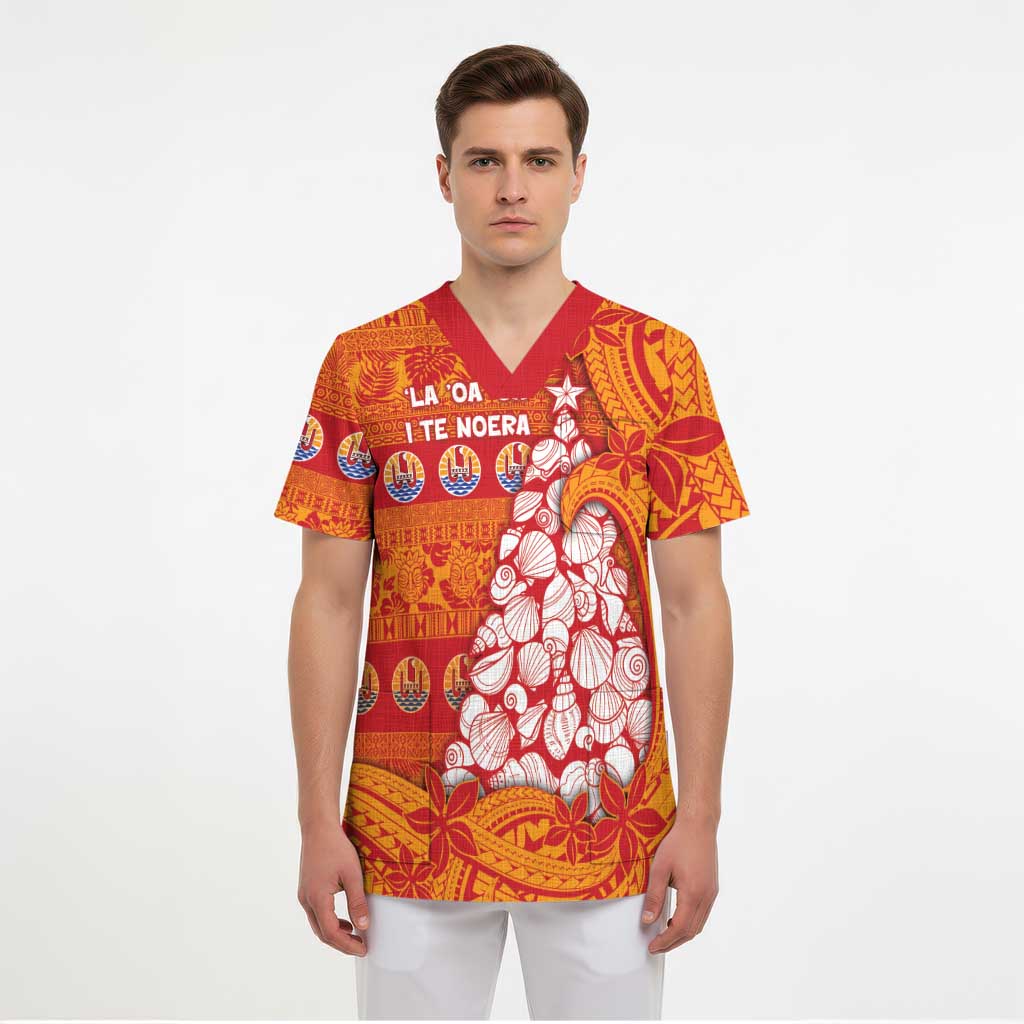 French Polynesia Christmas Scrub Top Seashell Xmas Tree Tribal Waves DT05 - Polynesian Pride