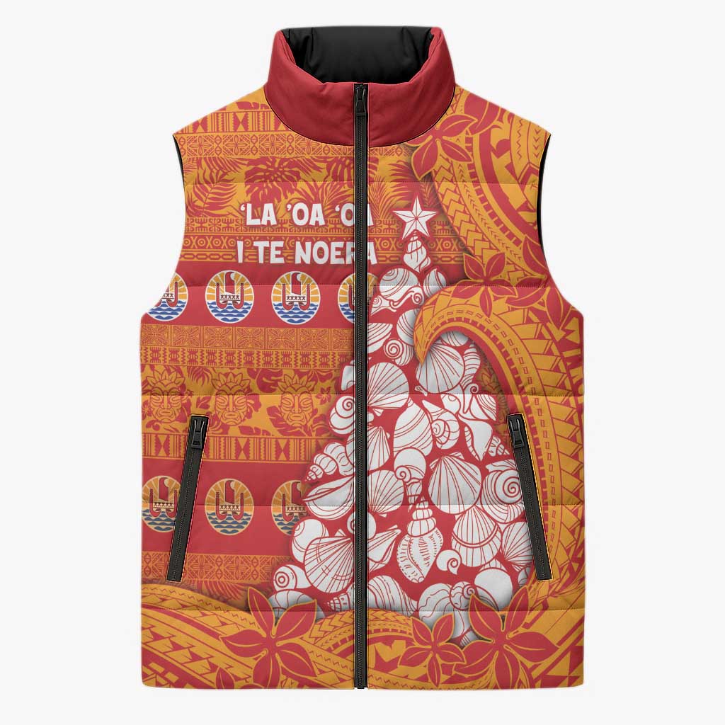 French Polynesia Christmas Sleeveless Puffer Jacket Seashell Xmas Tree Tribal Waves DT05 Unisex Orange - Polynesian Pride