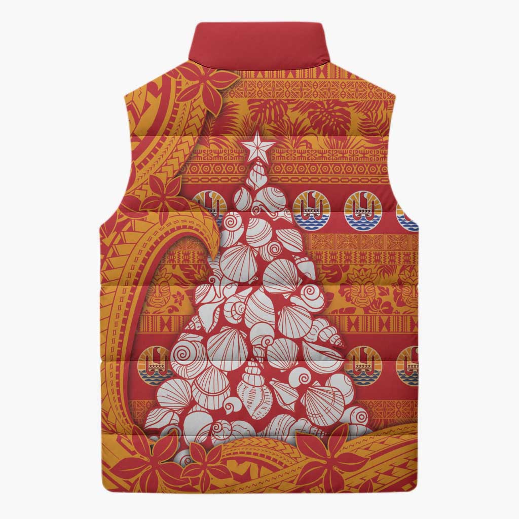 French Polynesia Christmas Sleeveless Puffer Jacket Seashell Xmas Tree Tribal Waves DT05 - Polynesian Pride