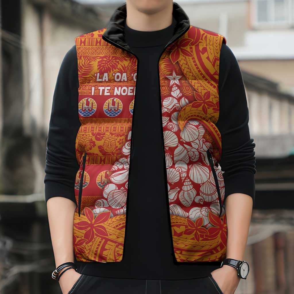 French Polynesia Christmas Sleeveless Puffer Jacket Seashell Xmas Tree Tribal Waves DT05 - Polynesian Pride