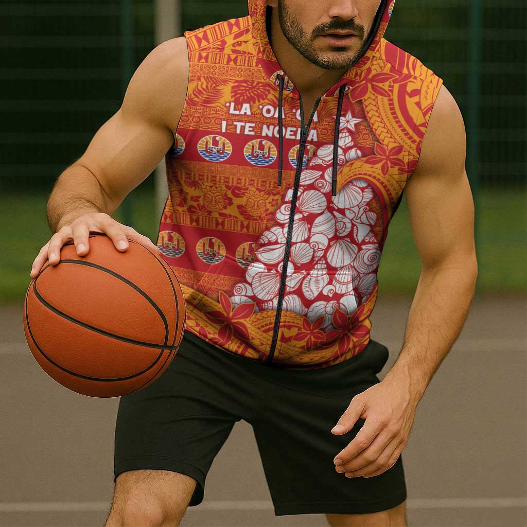 French Polynesia Christmas Sleeveless Zip Hoodie Seashell Xmas Tree Tribal Waves DT05 - Polynesian Pride