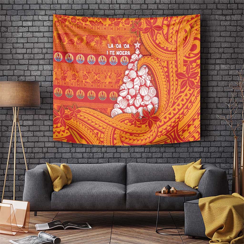 French Polynesia Christmas Tapestry Seashell Xmas Tree Tribal Waves DT05 Orange - Polynesian Pride