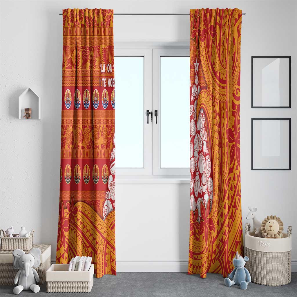 French Polynesia Christmas Window Curtain Seashell Xmas Tree Tribal Waves - Polynesian Pride