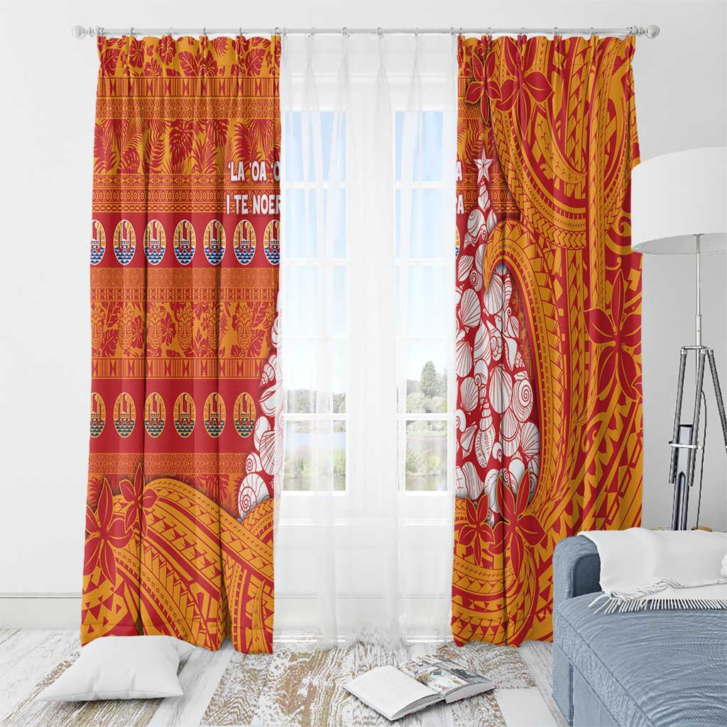 French Polynesia Christmas Window Curtain Seashell Xmas Tree Tribal Waves - Polynesian Pride