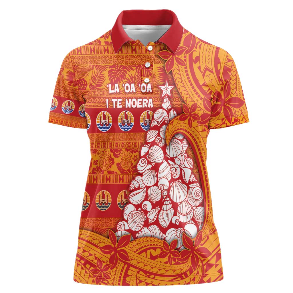 French Polynesia Christmas Women Polo Shirt Seashell Xmas Tree Tribal Waves - Polynesian Pride