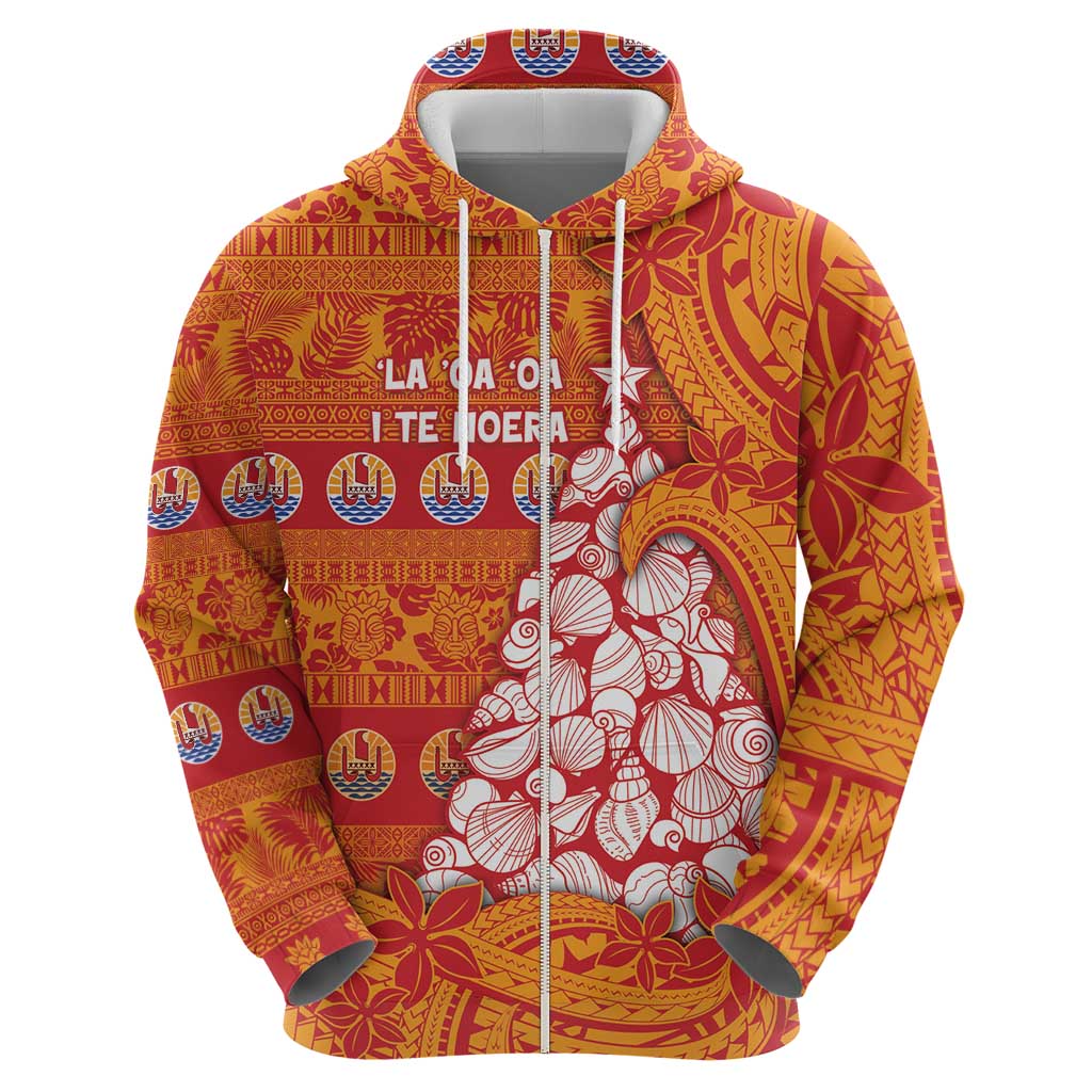 French Polynesia Christmas Zip Hoodie Seashell Xmas Tree Tribal Waves DT05 - Polynesian Pride