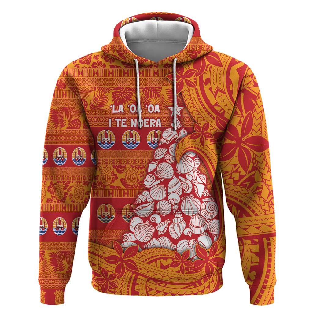 French Polynesia Christmas Zip Hoodie Seashell Xmas Tree Tribal Waves DT05 Pullover Hoodie Orange - Polynesian Pride