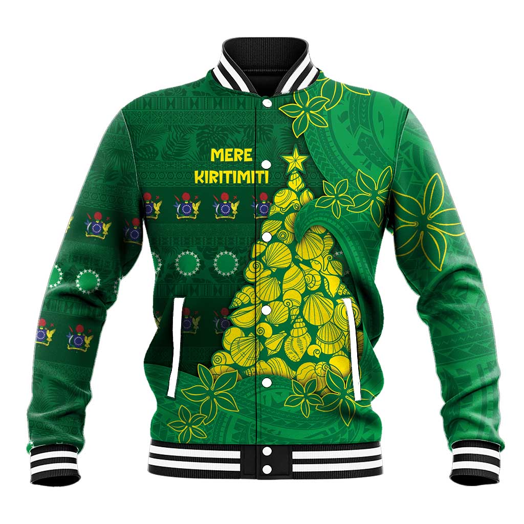 Cook Islands Christmas Baseball Jacket Seashell Xmas Tree Tribal Waves DT05 Unisex Green - Polynesian Pride