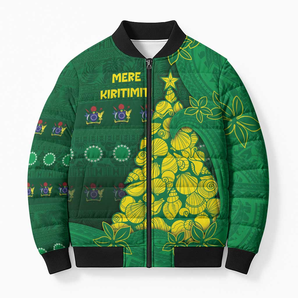 Cook Islands Christmas Bomber Puffer Jacket Seashell Xmas Tree Tribal Waves DT05 Unisex Green - Polynesian Pride