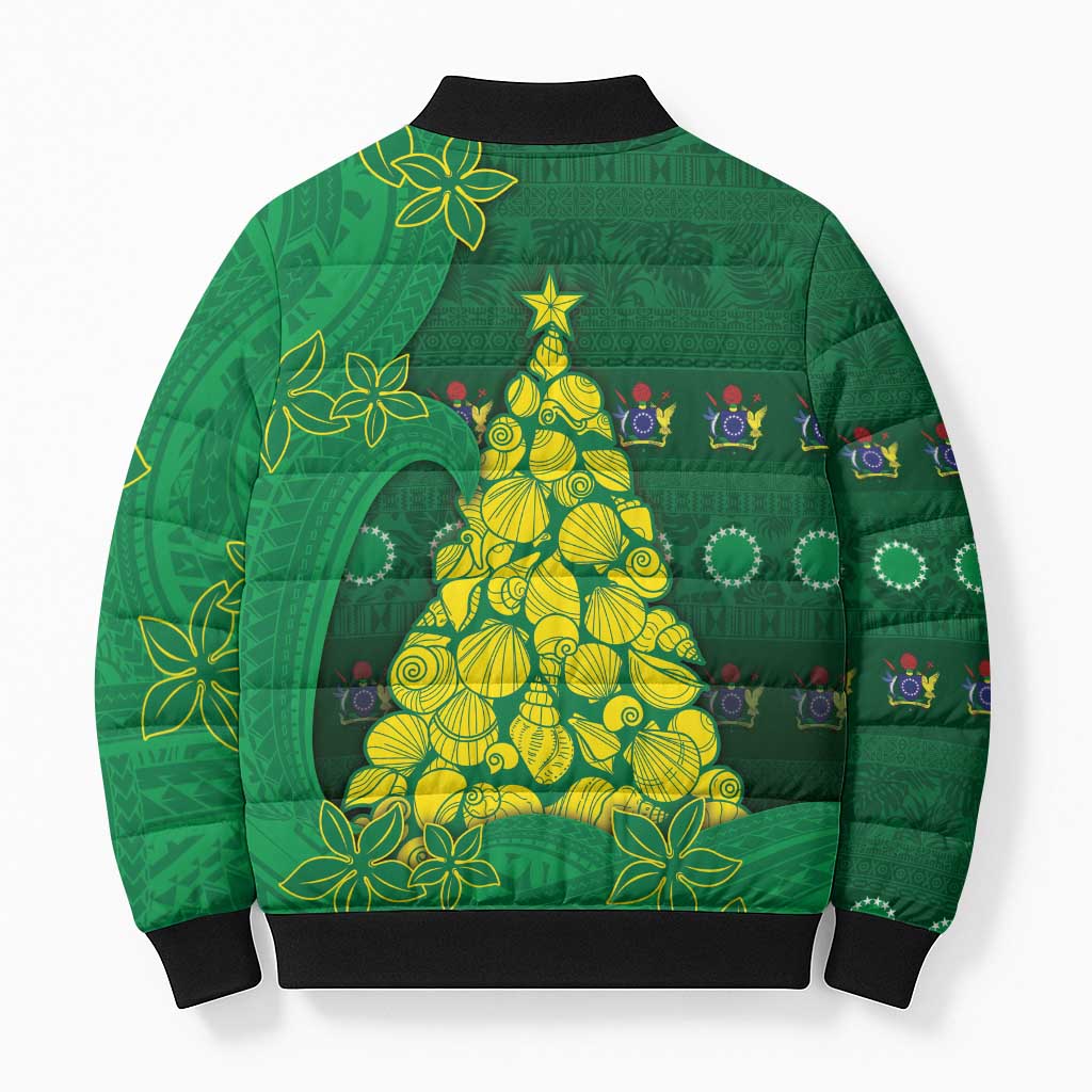 Cook Islands Christmas Bomber Puffer Jacket Seashell Xmas Tree Tribal Waves DT05 - Polynesian Pride