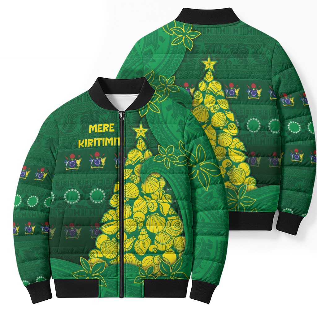 Cook Islands Christmas Bomber Puffer Jacket Seashell Xmas Tree Tribal Waves DT05 - Polynesian Pride