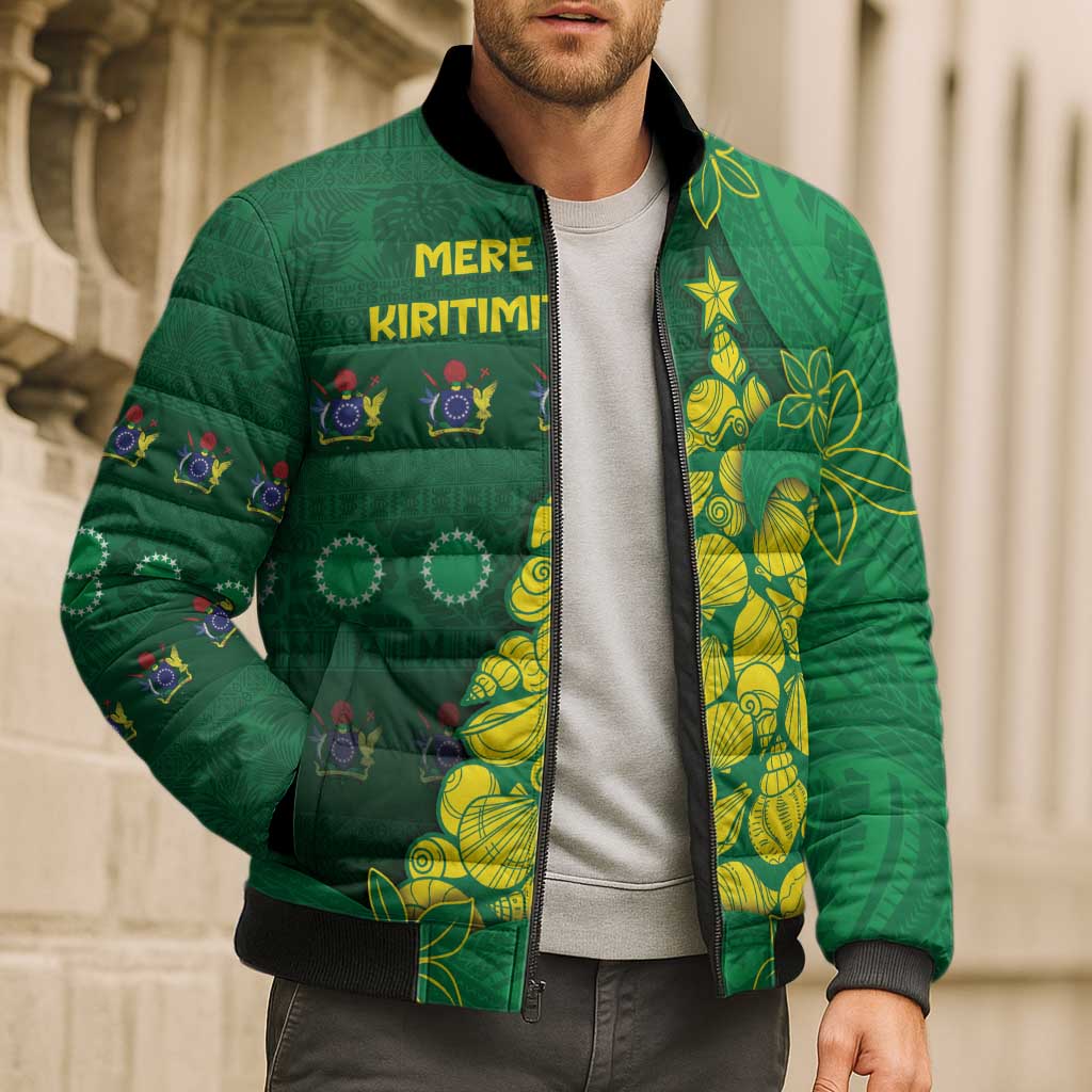 Cook Islands Christmas Bomber Puffer Jacket Seashell Xmas Tree Tribal Waves DT05 - Polynesian Pride
