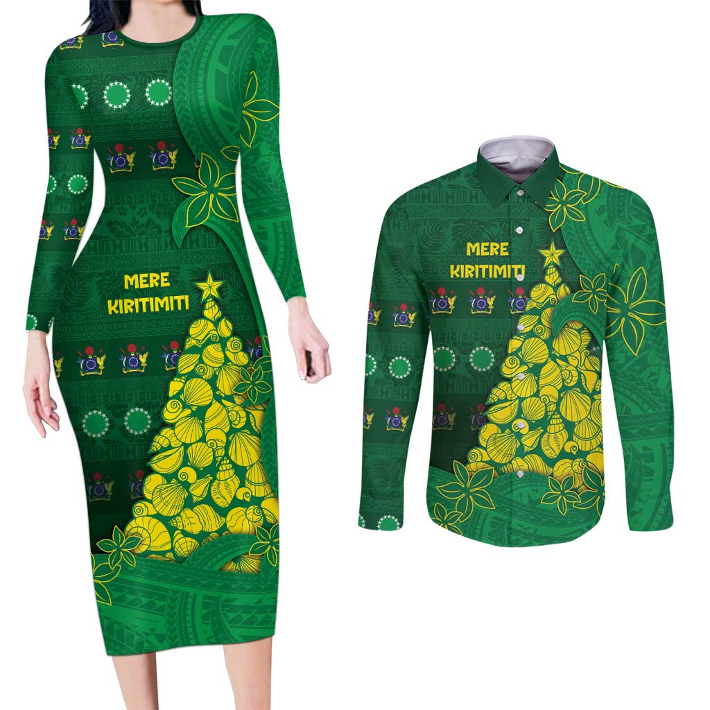 Cook Islands Christmas Couples Matching Long Sleeve Bodycon Dress and Long Sleeve Button Shirt Seashell Xmas Tree Tribal Waves DT05 Green - Polynesian Pride