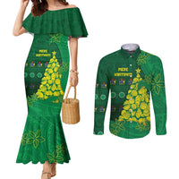 Cook Islands Christmas Couples Matching Mermaid Dress and Long Sleeve Button Shirt Seashell Xmas Tree Tribal Waves DT05 Green - Polynesian Pride
