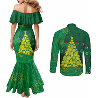 Cook Islands Christmas Couples Matching Mermaid Dress and Long Sleeve Button Shirt Seashell Xmas Tree Tribal Waves DT05 - Polynesian Pride