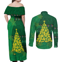 Cook Islands Christmas Couples Matching Off Shoulder Maxi Dress and Long Sleeve Button Shirt Seashell Xmas Tree Tribal Waves - Polynesian Pride