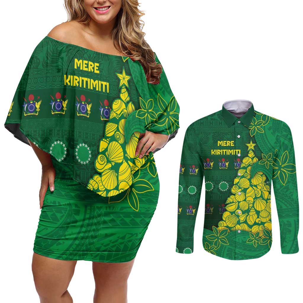 Cook Islands Christmas Couples Matching Off Shoulder Short Dress and Long Sleeve Button Shirt Seashell Xmas Tree Tribal Waves - Polynesian Pride