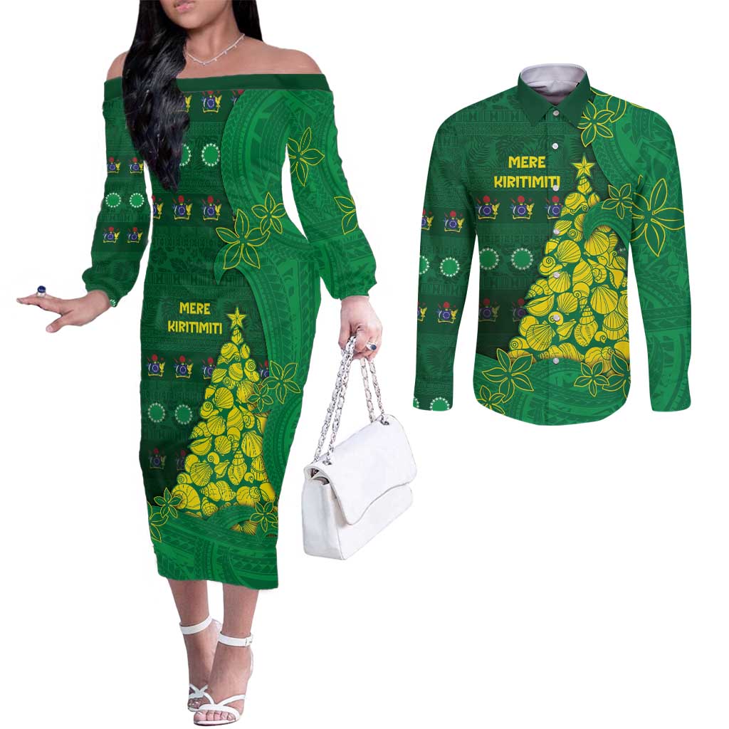 Cook Islands Christmas Couples Matching Off The Shoulder Long Sleeve Dress and Long Sleeve Button Shirt Seashell Xmas Tree Tribal Waves DT05 Green - Polynesian Pride