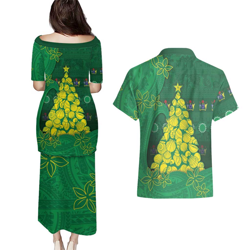 Cook Islands Christmas Couples Matching Puletasi and Hawaiian Shirt Seashell Xmas Tree Tribal Waves - Polynesian Pride