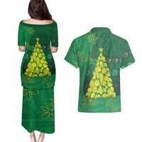 Cook Islands Christmas Couples Matching Puletasi and Hawaiian Shirt Seashell Xmas Tree Tribal Waves - Polynesian Pride