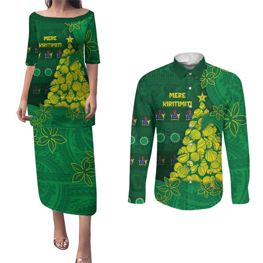 Cook Islands Christmas Couples Matching Puletasi and Long Sleeve Button Shirt Seashell Xmas Tree Tribal Waves DT05 Green - Polynesian Pride