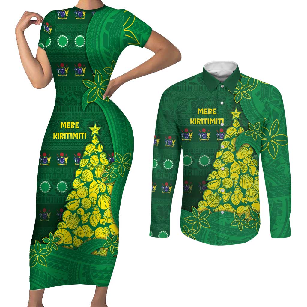 Cook Islands Christmas Couples Matching Short Sleeve Bodycon Dress and Long Sleeve Button Shirt Seashell Xmas Tree Tribal Waves DT05 Green - Polynesian Pride