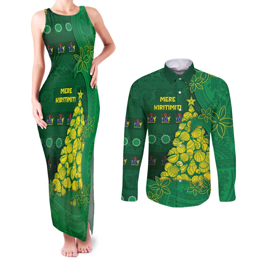 Cook Islands Christmas Couples Matching Tank Maxi Dress and Long Sleeve Button Shirt Seashell Xmas Tree Tribal Waves DT05 Green - Polynesian Pride