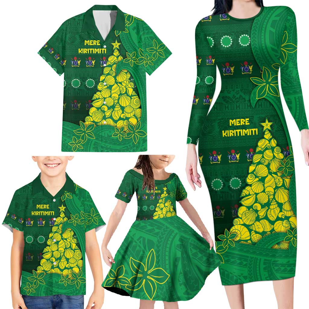 Cook Islands Christmas Family Matching Long Sleeve Bodycon Dress and Hawaiian Shirt Seashell Xmas Tree Tribal Waves - Polynesian Pride