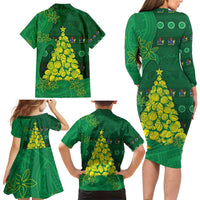 Cook Islands Christmas Family Matching Long Sleeve Bodycon Dress and Hawaiian Shirt Seashell Xmas Tree Tribal Waves - Polynesian Pride