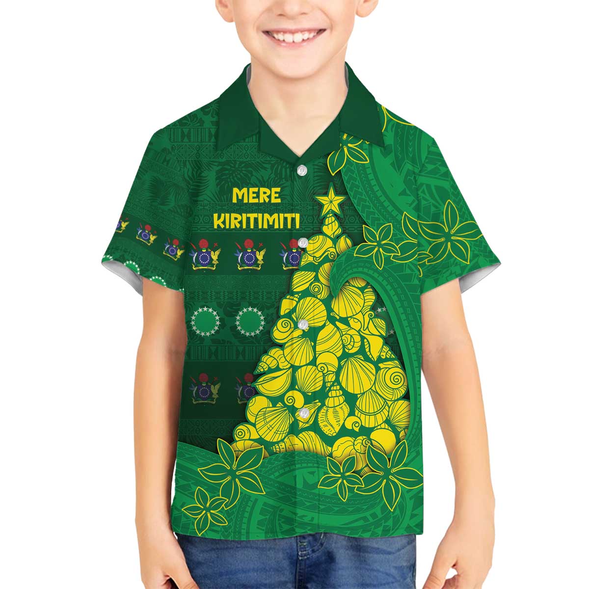 Cook Islands Christmas Family Matching Off The Shoulder Long Sleeve Dress and Hawaiian Shirt Seashell Xmas Tree Tribal Waves - Polynesian Pride