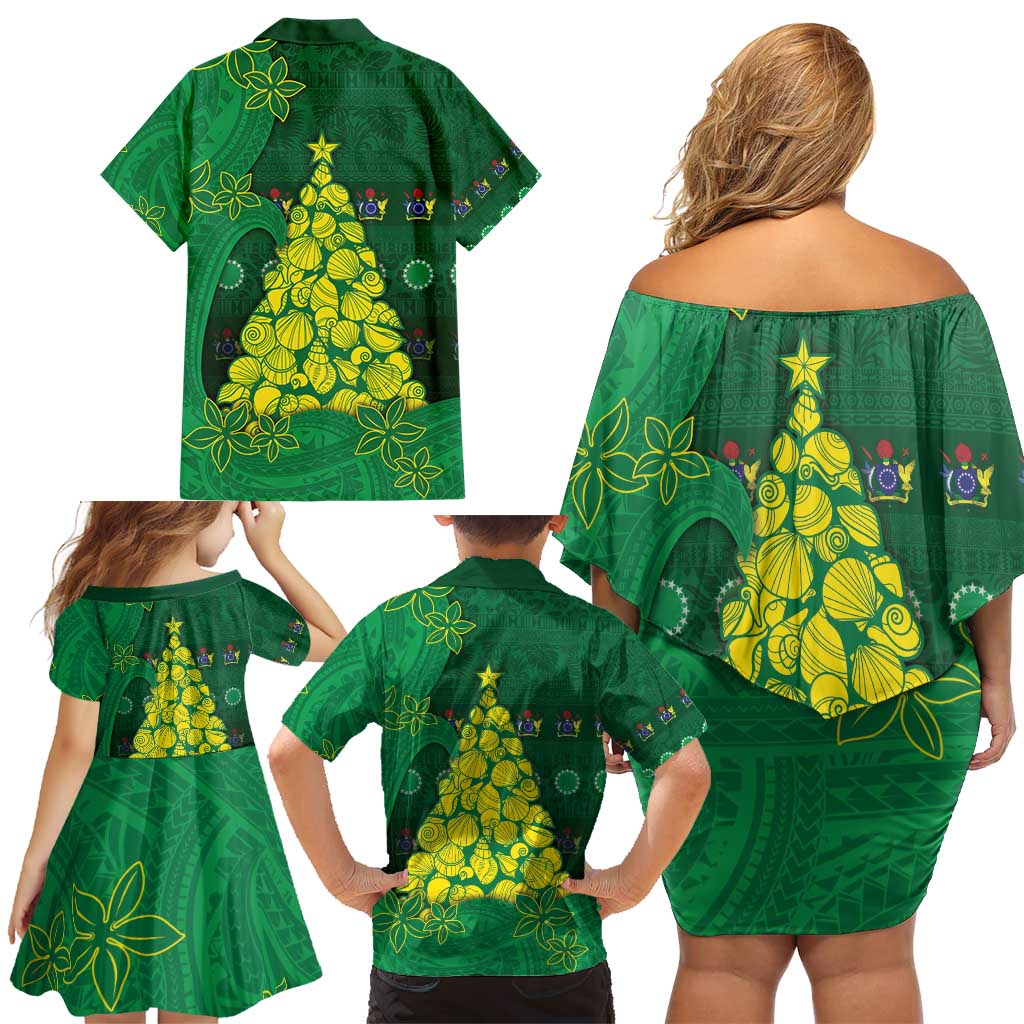 Cook Islands Christmas Family Matching Off Shoulder Short Dress and Hawaiian Shirt Seashell Xmas Tree Tribal Waves - Polynesian Pride