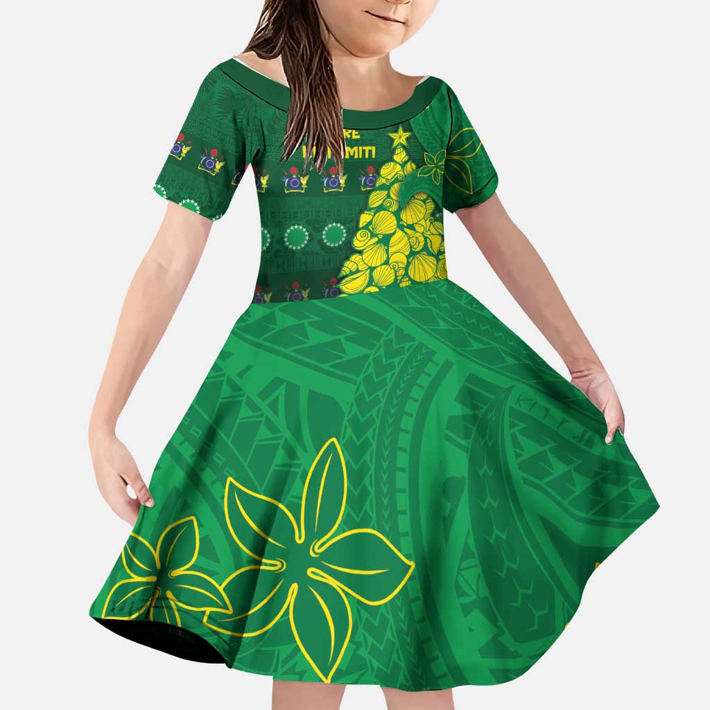 Cook Islands Christmas Family Matching Puletasi and Hawaiian Shirt Seashell Xmas Tree Tribal Waves DT05 Daughter's Dress Green - Polynesian Pride