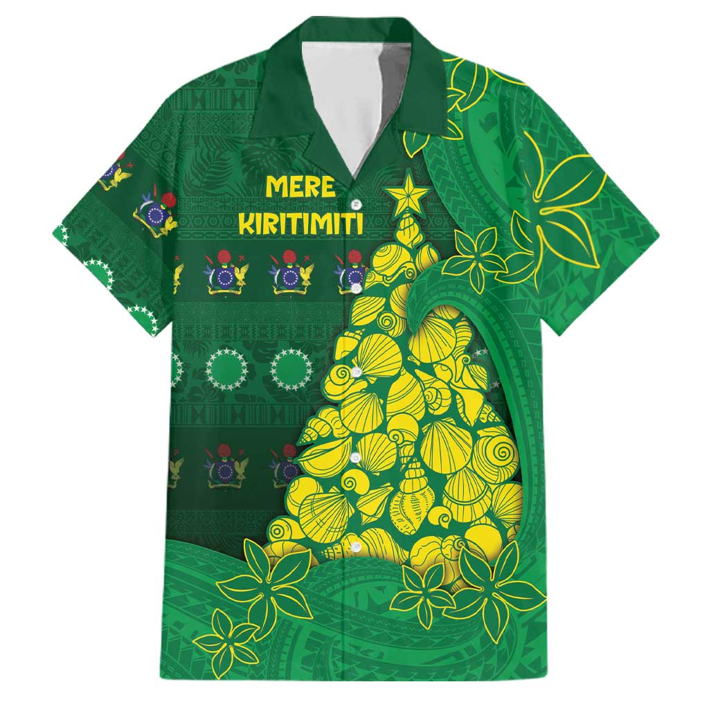 Cook Islands Christmas Family Matching Puletasi and Hawaiian Shirt Seashell Xmas Tree Tribal Waves DT05 Dad's Shirt - Short Sleeve Green - Polynesian Pride