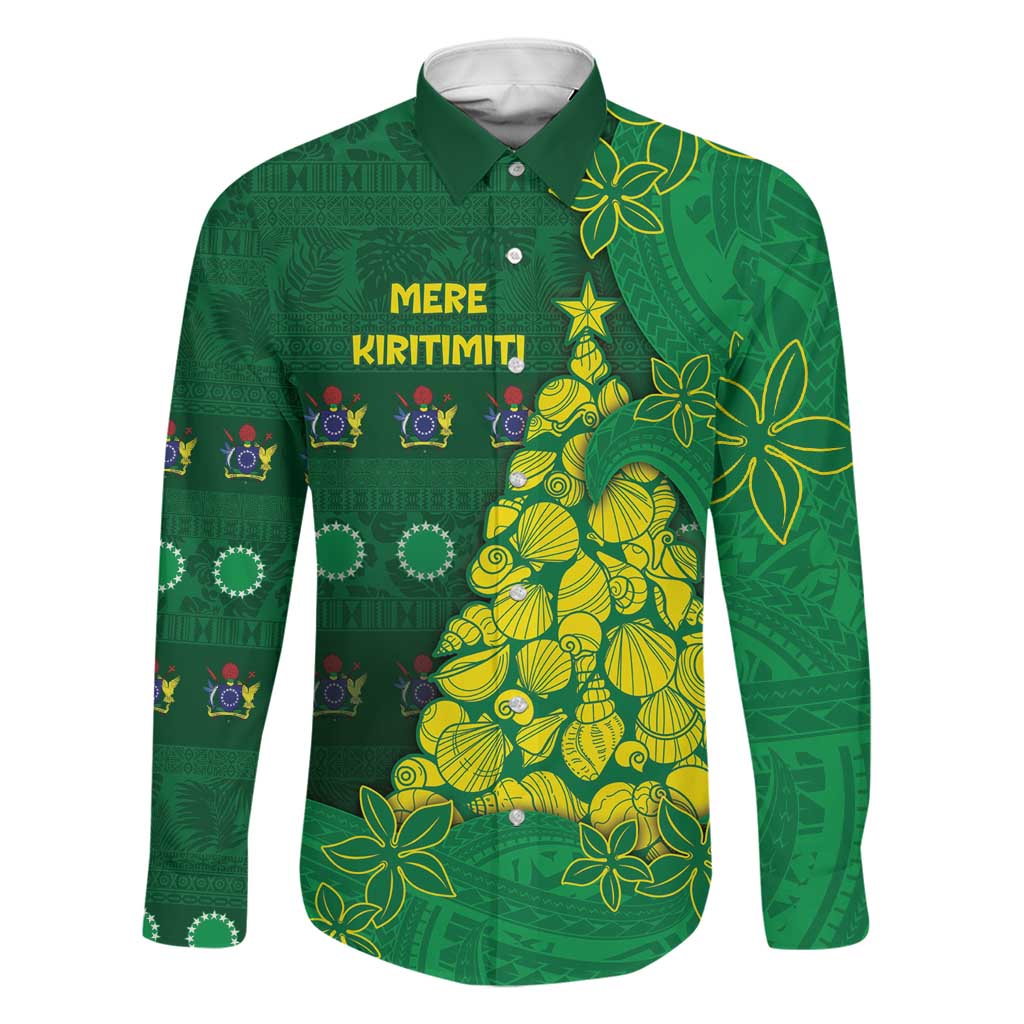 Cook Islands Christmas Family Matching Puletasi and Hawaiian Shirt Seashell Xmas Tree Tribal Waves DT05 Dad's Shirt - Long Sleeve Green - Polynesian Pride